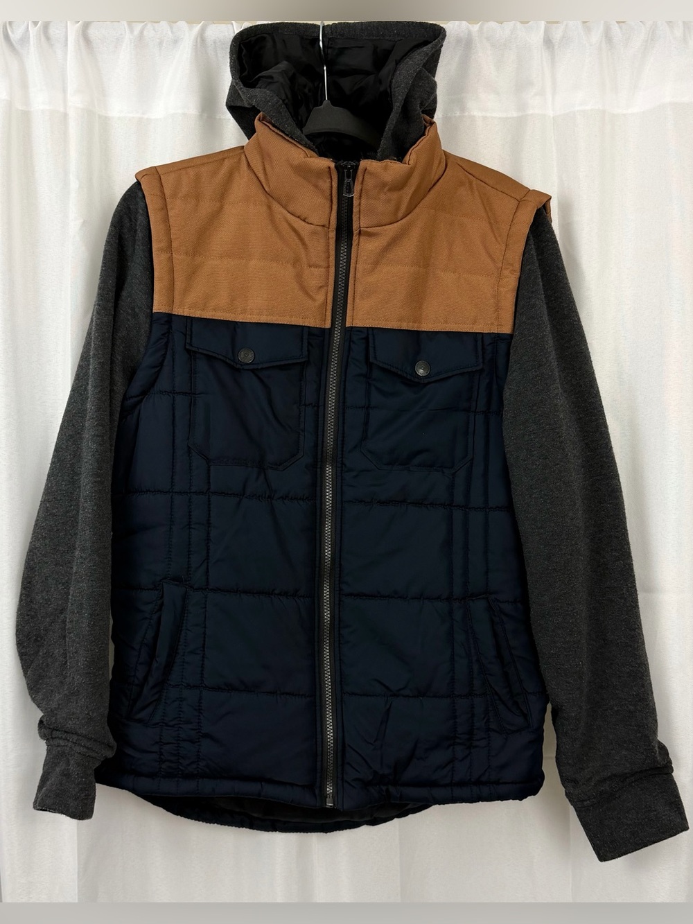 Distortion Men's Navy Quilted Hooded Jacket with Brown Yoke. Medium